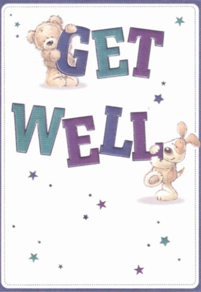 There's a sense of sweet encouragement in this get well card, beautifully evoked through the friendly images of a plump teddy bear and a lively puppy. Playful stars whirl through the air, conjuring an atmosphere as light as a morning stroll near Eaglesfield Park. The bold, generous typography in layered purples and aquamarine grounds the design, extending a visual hug to anyone in need of comfort. Visually, the soft tufts on the bear and the velvet sheen of the puppy's floppy ears add a tactile dimension, evoking the gentle textures found in a fresh bouquet delivered locally in Shooter's Hill. Sending this card-perhaps alongside a bloom-filled arrangement crafted for recovery-multiplies the caring sentiment, infusing each gesture with heartfelt warmth and hope. The bright, clear backdrop and airy design create a mood perfect for lifting spirits, whether for a child recovering at home on Red Lion Lane or a loved one elsewhere in SE18. It's a scene abundant with kindness and the gentle assurance only true community care can bring.